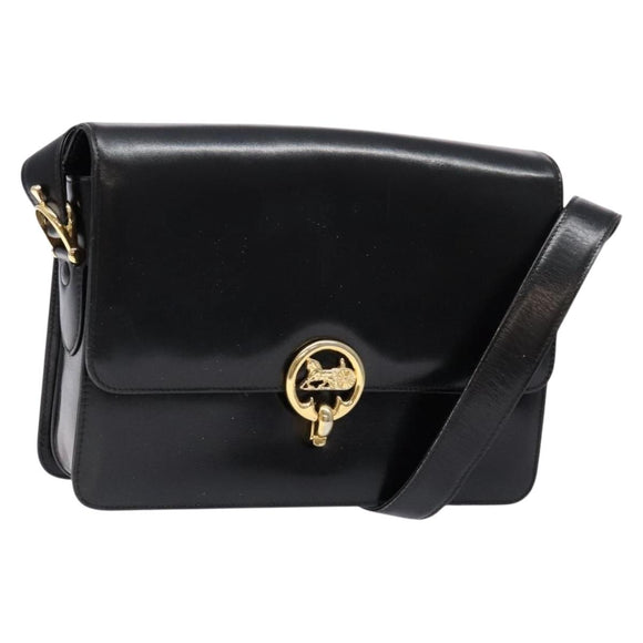 CELINE Horse Carriage Shoulder Bag Leather Black Gold Auth ki5948