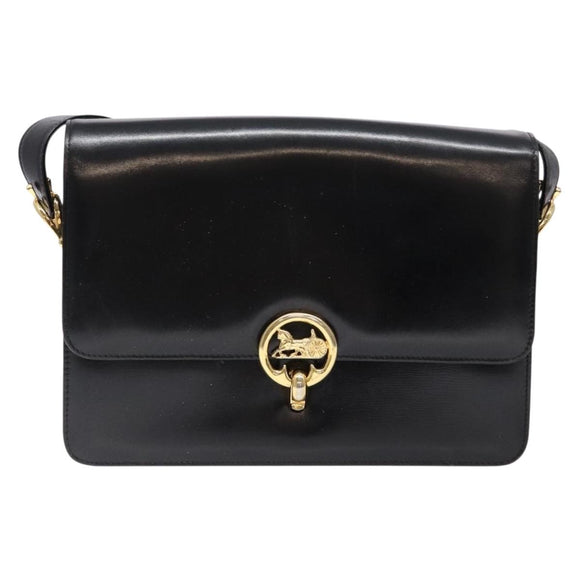 CELINE Horse Carriage Shoulder Bag Leather Black Gold Auth ki5948