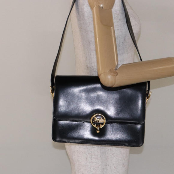 CELINE Horse Carriage Shoulder Bag Leather Black Gold Auth ki5948