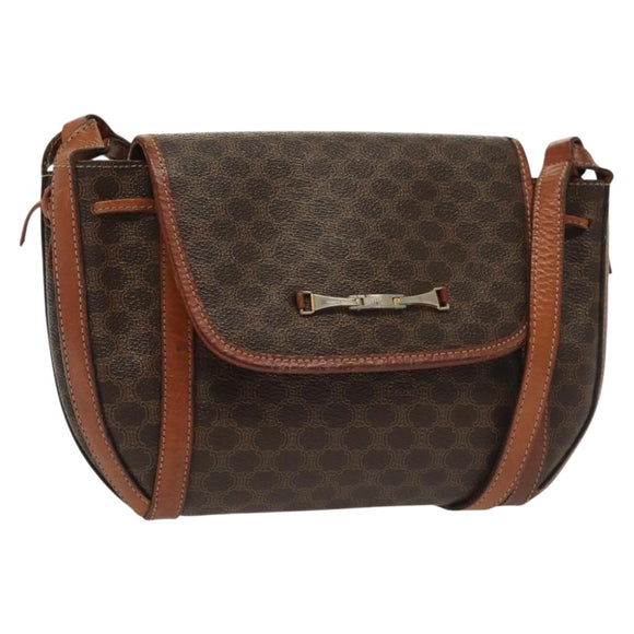 CELINE Macadam Canvas Shoulder Bag PVC Leather Brown Gold Auth ki5951