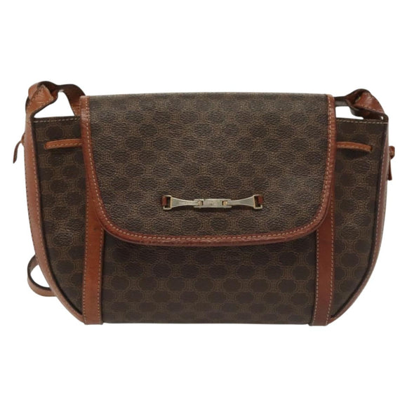 CELINE Macadam Canvas Shoulder Bag PVC Leather Brown Gold Auth ki5951