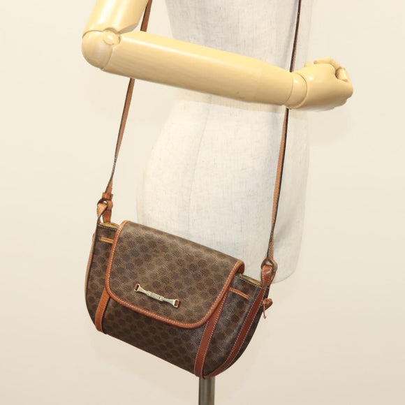 CELINE Macadam Canvas Shoulder Bag PVC Leather Brown Gold Auth ki5951