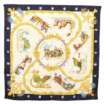 HERMES Carre 90 Scarf ""Plumes et Grelots"" Silk Navy Auth ki5967