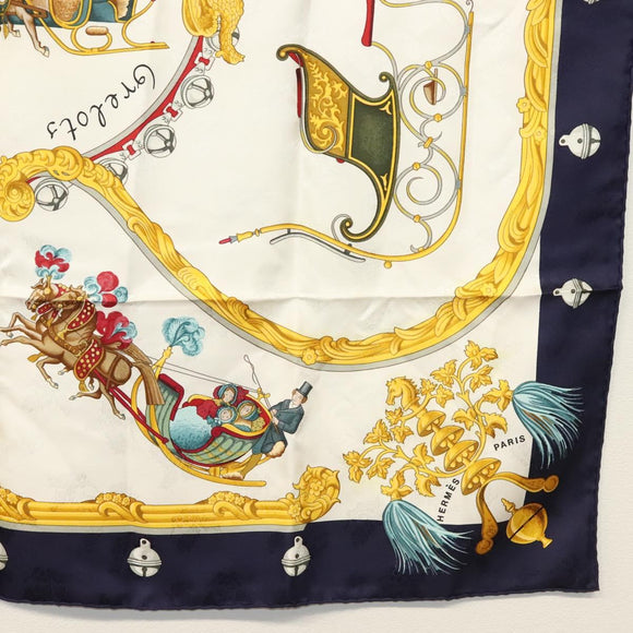 HERMES Carre 90 Scarf ""Plumes et Grelots"" Silk Navy Auth ki5967