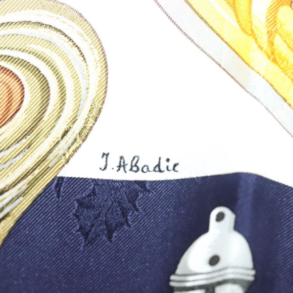 HERMES Carre 90 Scarf ""Plumes et Grelots"" Silk Navy Auth ki5967