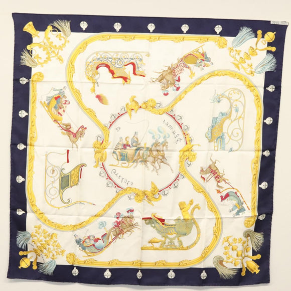 HERMES Carre 90 Scarf ""Plumes et Grelots"" Silk Navy Auth ki5967