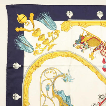 HERMES Carre 90 Scarf ""Plumes et Grelots"" Silk Navy Auth ki5967 - 0