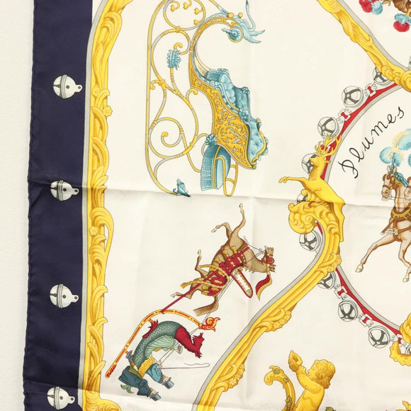 HERMES Carre 90 Scarf ""Plumes et Grelots"" Silk Navy Auth ki5967