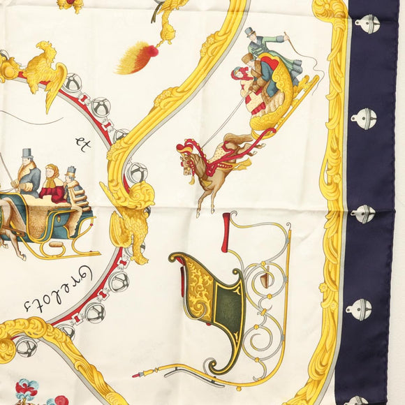 HERMES Carre 90 Scarf ""Plumes et Grelots"" Silk Navy Auth ki5967