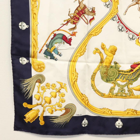 HERMES Carre 90 Scarf ""Plumes et Grelots"" Silk Navy Auth ki5967