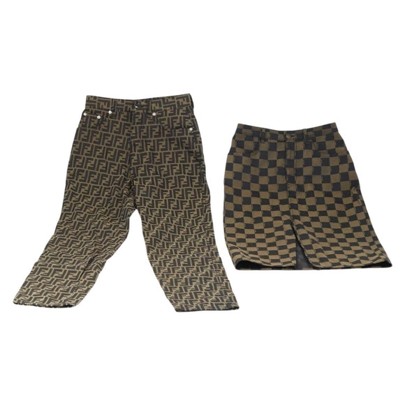FENDI Zucca Canvas Pecan Canvas Skirt Pants 2 Set Black Brown Auth ki6020