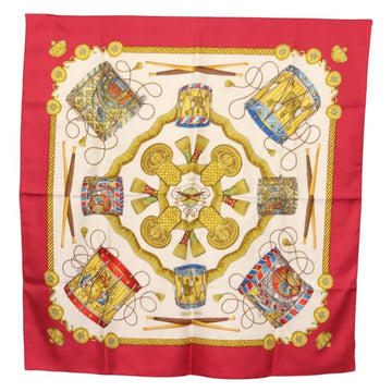 HERMES Carre 90 Scarf LES TAMBOURS Silk Red Auth ki6050