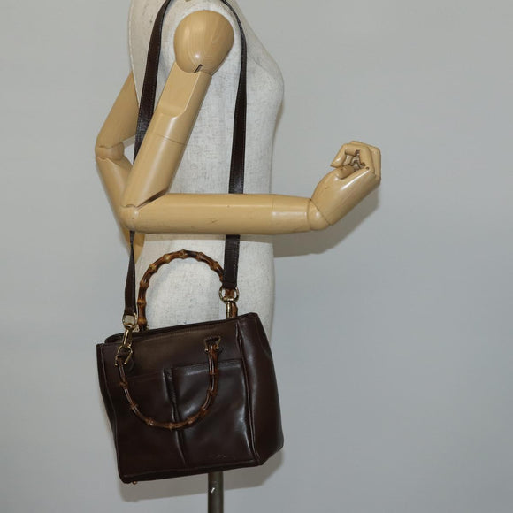GUCCI Bamboo Hand Bag Leather 2way Brown Auth ki6088