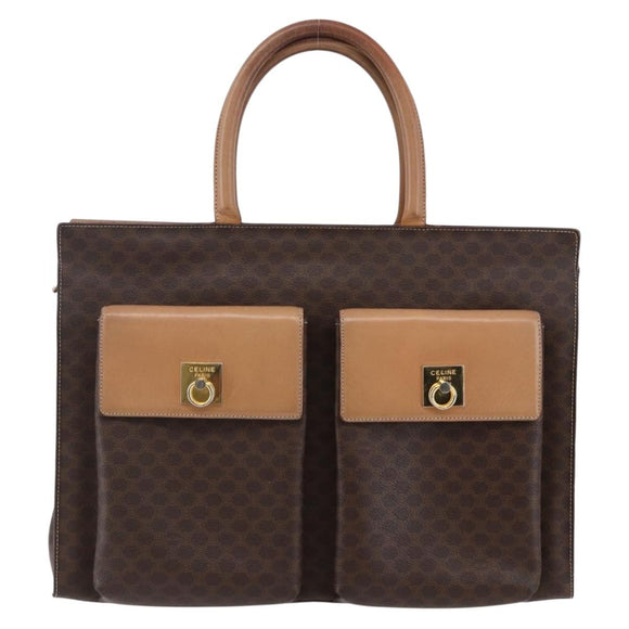 CELINE Macadam Canvas Tote Bag PVC Leather Brown Gold Auth ki6123