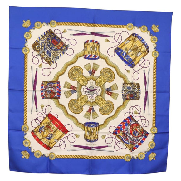HERMES Carre 90 Scarf ""LES TAMBOURS"" Silk Blue Auth ki6146