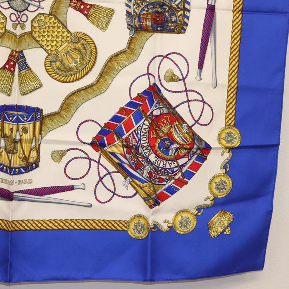 HERMES Carre 90 Scarf ""LES TAMBOURS"" Silk Blue Auth ki6146