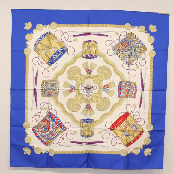 HERMES Carre 90 Scarf ""LES TAMBOURS"" Silk Blue Auth ki6146