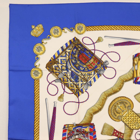 HERMES Carre 90 Scarf ""LES TAMBOURS"" Silk Blue Auth ki6146