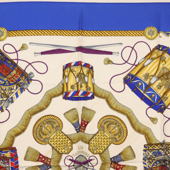 HERMES Carre 90 Scarf ""LES TAMBOURS"" Silk Blue Auth ki6146