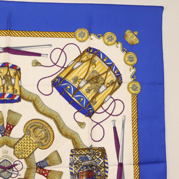 HERMES Carre 90 Scarf ""LES TAMBOURS"" Silk Blue Auth ki6146