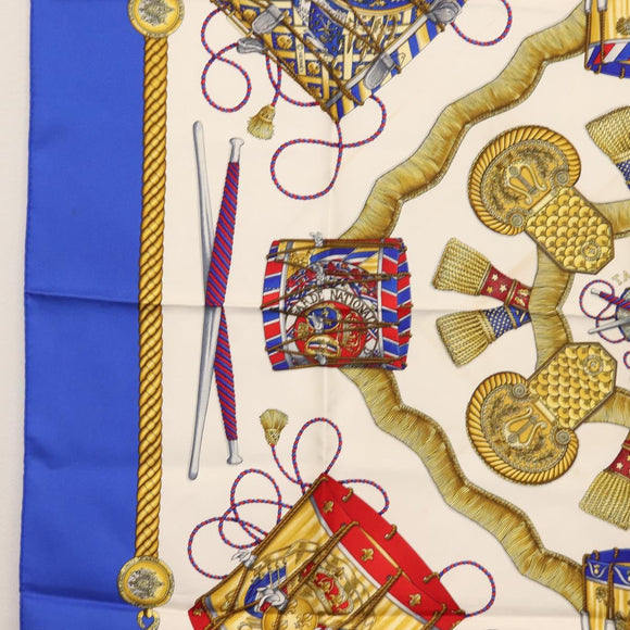 HERMES Carre 90 Scarf ""LES TAMBOURS"" Silk Blue Auth ki6146