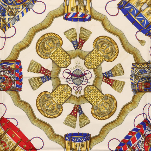 HERMES Carre 90 Scarf ""LES TAMBOURS"" Silk Blue Auth ki6146