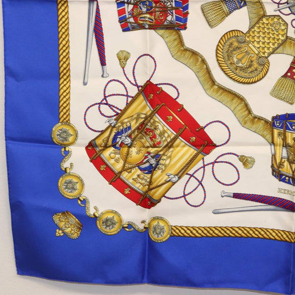 HERMES Carre 90 Scarf ""LES TAMBOURS"" Silk Blue Auth ki6146