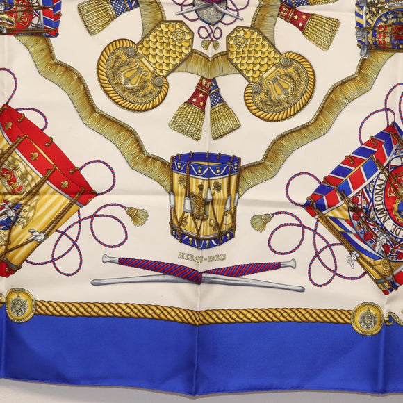 HERMES Carre 90 Scarf ""LES TAMBOURS"" Silk Blue Auth ki6146