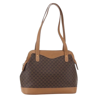 CELINE Macadam Canvas Tote Bag PVC Leather Brown Gold Auth ki6168