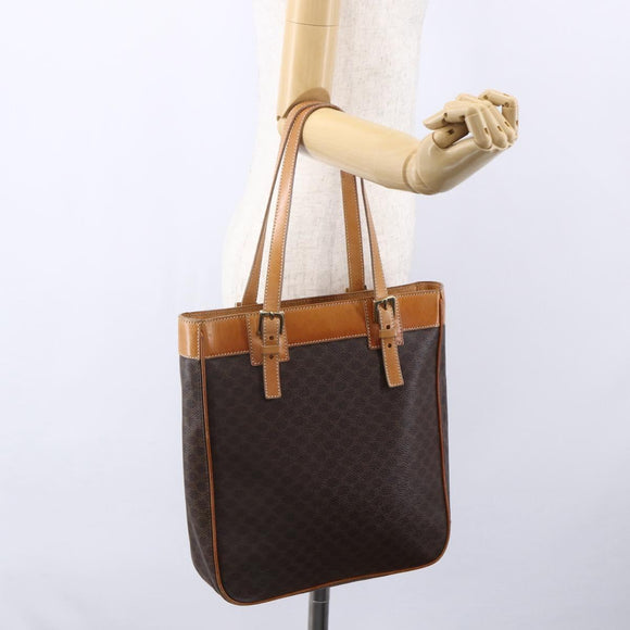 CELINE Macadam Canvas Hand Bag PVC Leather Brown Gold Auth ki6170