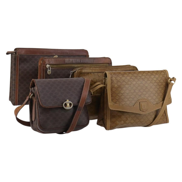 CELINE Macadam Canvas Shoulder Bag PVC Leather 5 Set Brown Beige Auth ki6173