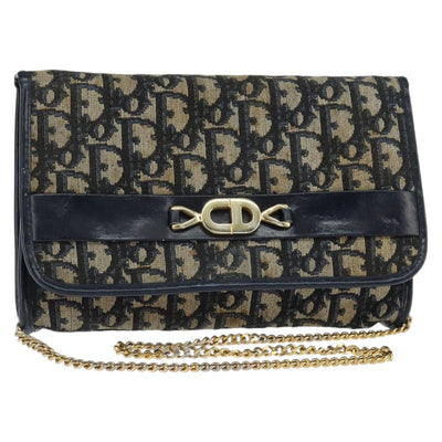 Christian Dior Trotter Canvas Chain Shoulder Bag Navy Gold Auth ki6174