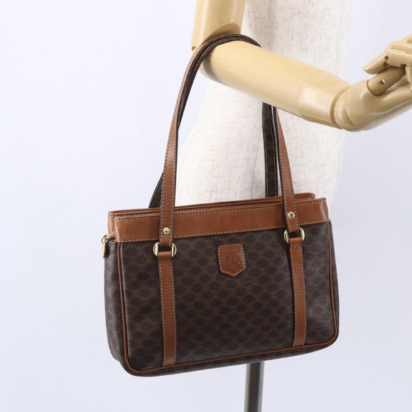 CELINE Macadam Canvas Hand Bag PVC Leather Brown Gold Auth ki6186