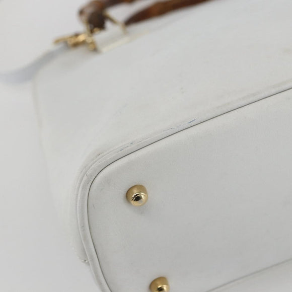 GUCCI Bamboo Hand Bag Leather White Gold Auth ki6188