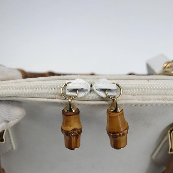GUCCI Bamboo Hand Bag Leather White Gold Auth ki6188