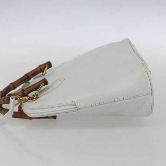 GUCCI Bamboo Hand Bag Leather White Gold Auth ki6188