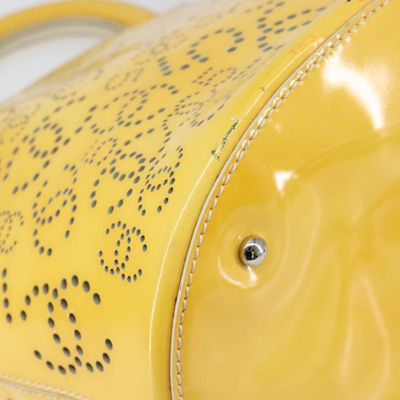 CHANEL No.5 Punching Hand Bag Patent leather Yellow Silver CC Auth ki6193