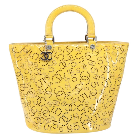CHANEL No.5 Punching Hand Bag Patent leather Yellow Silver CC Auth ki6193