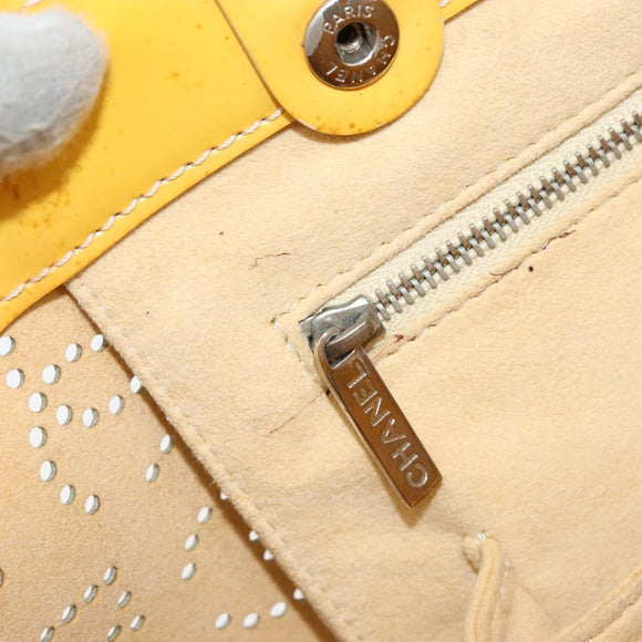 CHANEL No.5 Punching Hand Bag Patent leather Yellow Silver CC Auth ki6193