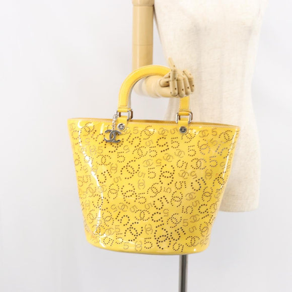 CHANEL No.5 Punching Hand Bag Patent leather Yellow Silver CC Auth ki6193
