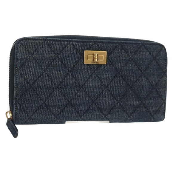 CHANEL 2.55 Zip Around Wallet Denim Blue Gold CC Auth ki6204M