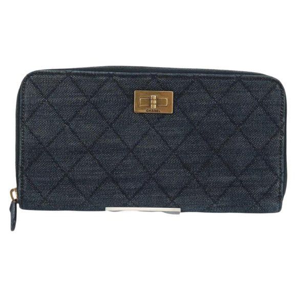 CHANEL 2.55 Zip Around Wallet Denim Blue Gold CC Auth ki6204M