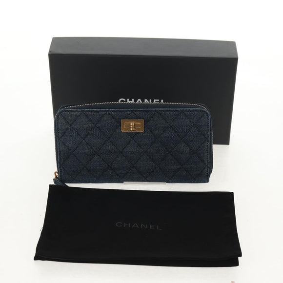 CHANEL 2.55 Zip Around Wallet Denim Blue Gold CC Auth ki6204M
