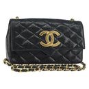 CHANEL Chain Shoulder Matelasse Bag Lamb Skin Black Gold CC Auth ki6227-1