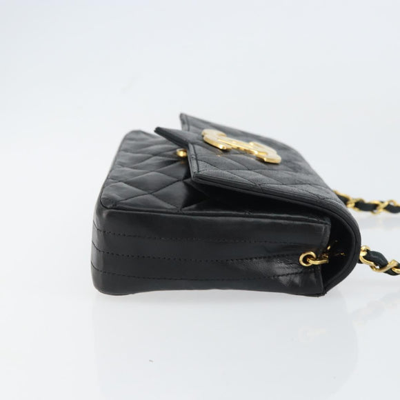 CHANEL Chain Shoulder Matelasse Bag Lamb Skin Black Gold CC Auth ki6227