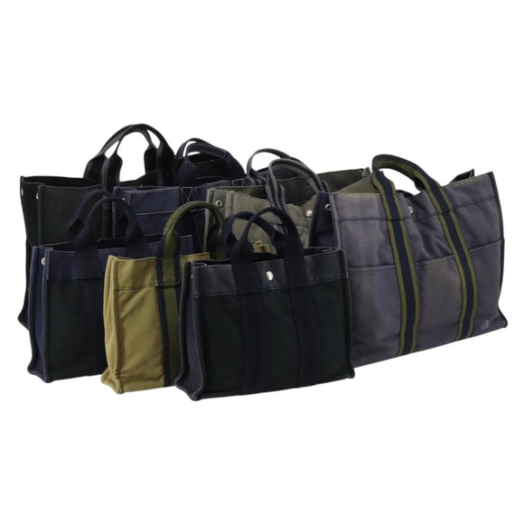 HERMES Fourre Tout Hand Bag Canvas 6 Set Gray Black Green Auth ki6229