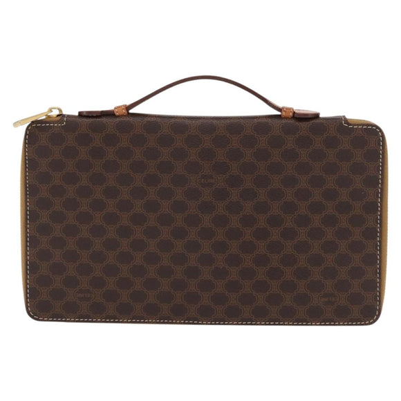 CELINE Macadam Canvas Travel Case PVC Leather Brown Gold Auth ki6242