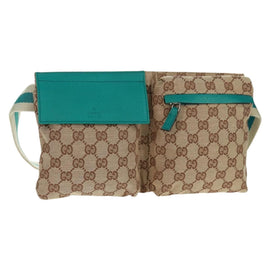 GUCCI GG Canvas Waist Bag Beige Turquoise Blue Silver 28566 Auth ki6279A