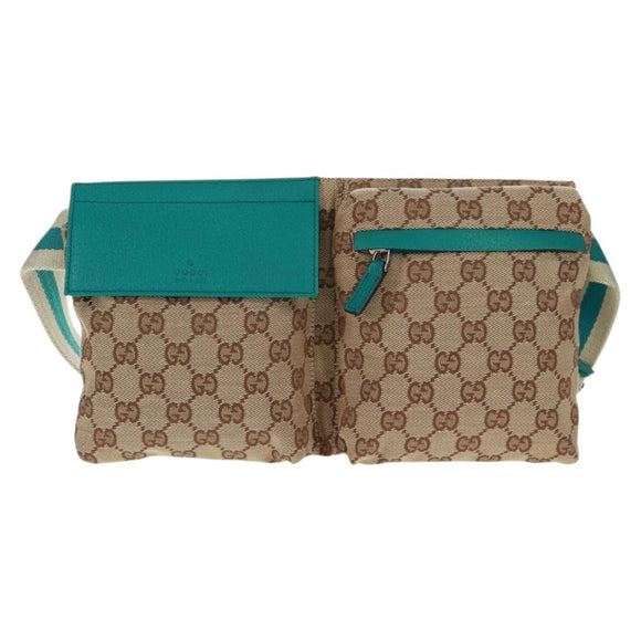GUCCI GG Canvas Waist Bag Beige Turquoise Blue Silver 28566 Auth ki6279A