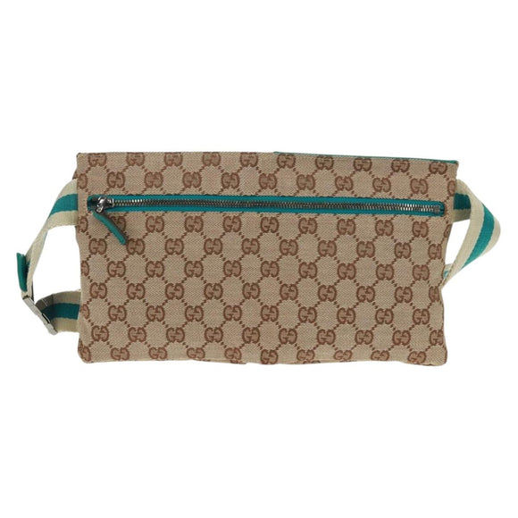 GUCCI GG Canvas Waist Bag Beige Turquoise Blue Silver 28566 Auth ki6279V
